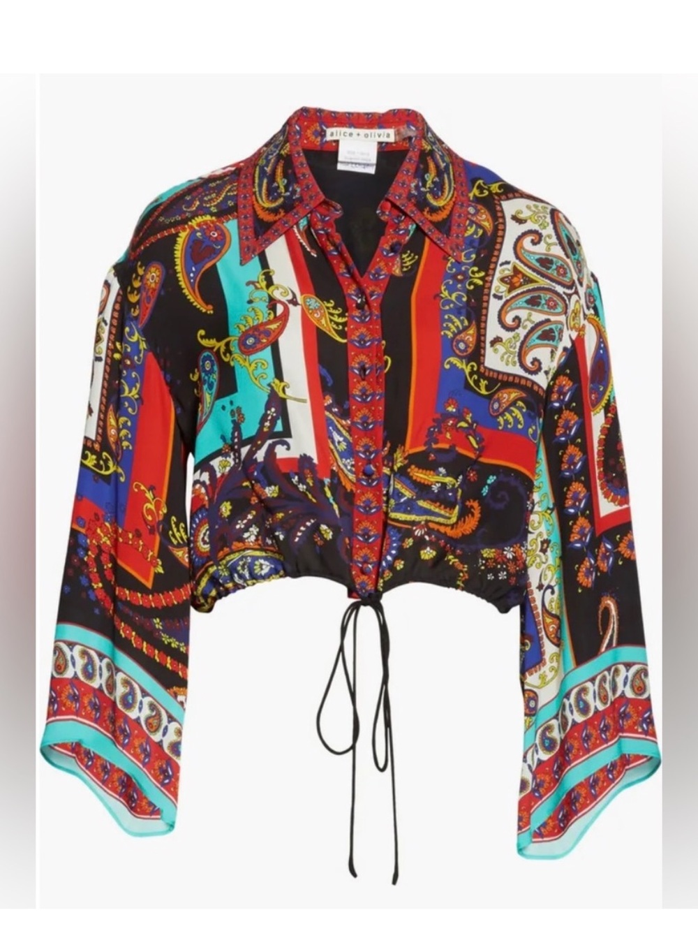 alice + olivia Larken Mod Multicolor Paisley Tie-Front Crop Shirt size large
